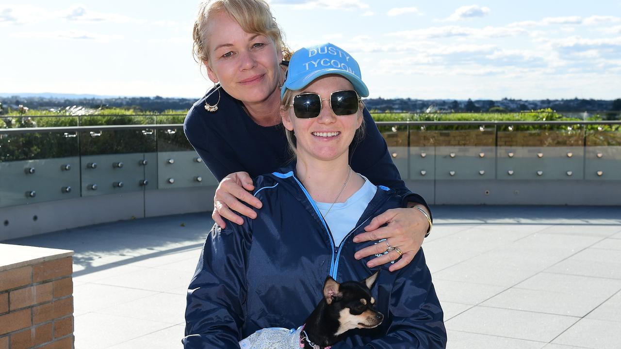 Jockey Leah Kilner with her mum Siobhan Jackson and dog Chanel at her home. Picture: Grant Peters, Trackside Photography