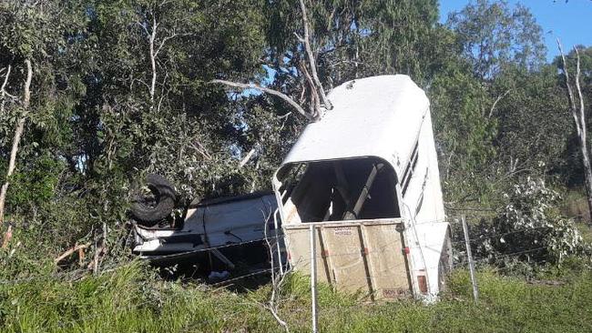 Emergency crews have responded to a crash where a vehicle towing a horse trailer flipped and rolled down an embankment along the Bruce Highway between Mackay and Rockhampton. Picture: Contributed