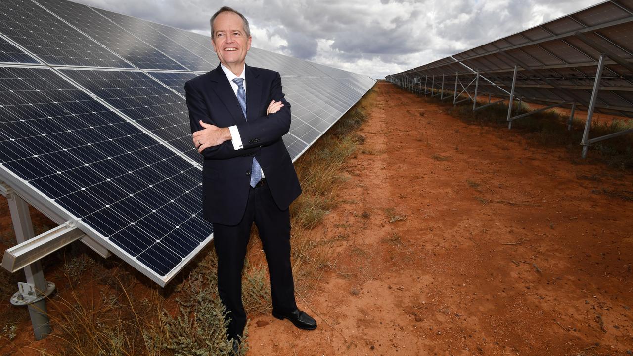 Opposition leader Bill Shorten at the Southern Sustainable Electric solar farm in Whyalla in South Australia yesterday. Picture: AAP