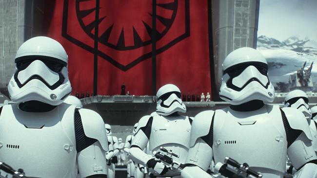 Stormtroopers in a scene from the new film, Star Wars: The Force Awakens.