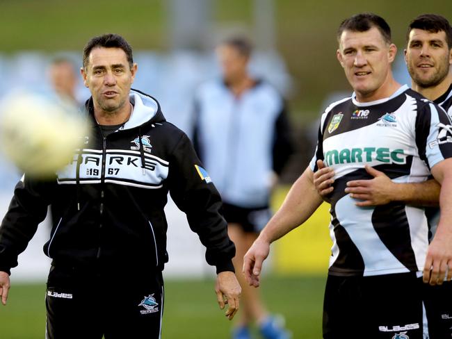 Shane Flanagan, Paul Gallen and Mick Ennis during a Cronulla Sharks training session. Picture Gregg Porteous