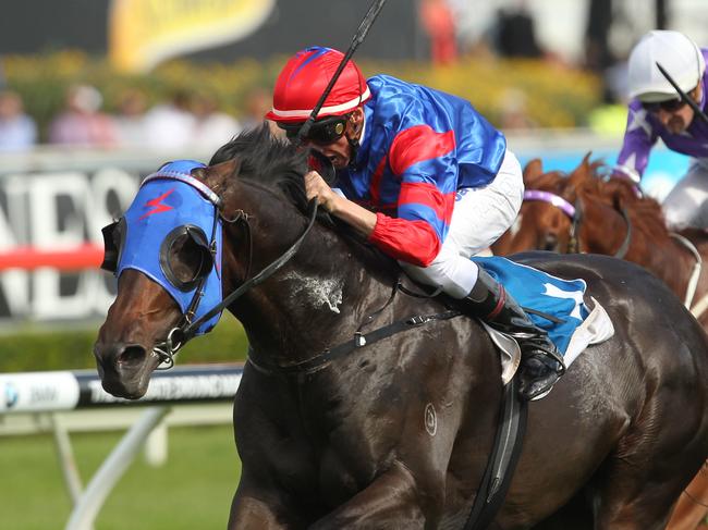 Racehorse Pierro ridden by jockey Nash Rawiller winning race 5, Sire Produce Stakes at Royal Randwick Racecourse in Sydney.