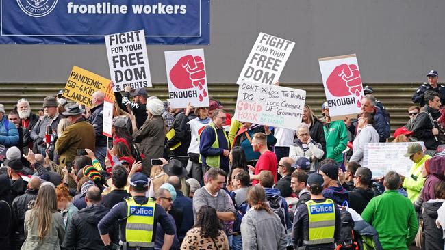 Anti-vaxxers and Victorians fed up with the coronavirus lockdown at Parliament House in Melbourne on Mother's Day. Picture: AAP