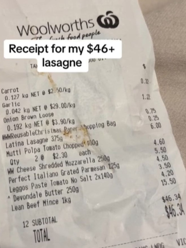 The full receipt, just for lasagna ingredients, came to $46.34. Picture: TikTok (natzelez)