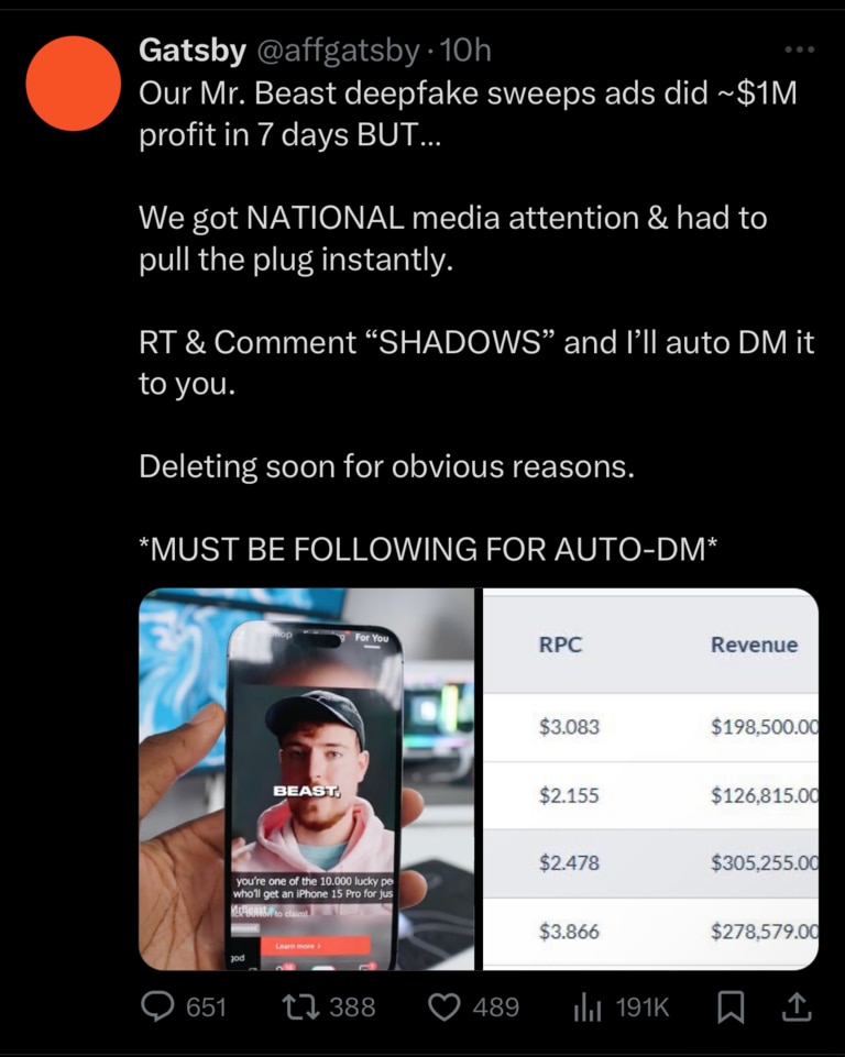 The now deleted tweet shows someone bragging about making money from a Mr Beast deepfake. Picture: Supplied
