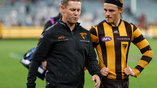 Hawthorn coach Sam Mitchell and Jack Ginnivan. Picture: Dylan Burns/AFL Photos via Getty Images