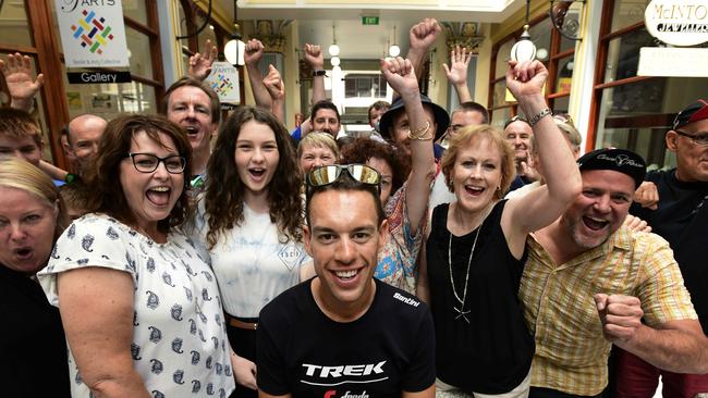 Trek-Segafredo recruit Richie Porte with fans at L'Incontro Cafe in Gays Arcade ahead of the 2019 Tour Down Under, which kicks off with the Down Under Classic in the East End on Sunday. Picture: AAP Image / Bianca De Marchi