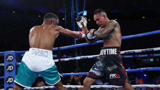 Paul Fleming v Bruno Tarimo at the Sydney SuperFight event night held at the Bankwest Stadium in Parramatta. Picture: Christian Gilles