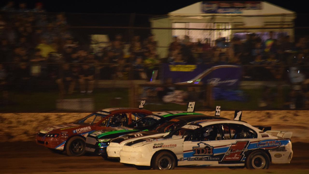 The 2020 Kings Royal Champion Kye Walters (inside) on his way to victory at Kingaroy on Sunday night. Picture: Tristan Evert