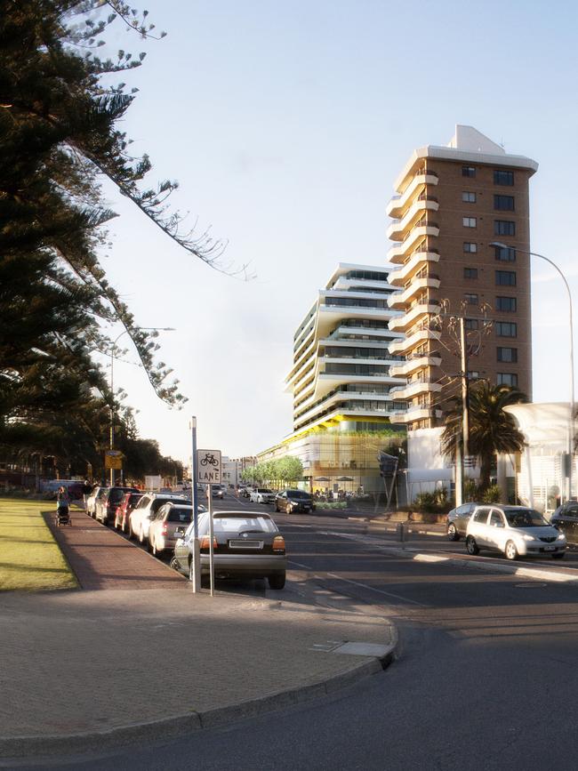 An artist impression of the 12-storey hotel complex planned for Adelphi Tce, Glenelg North.