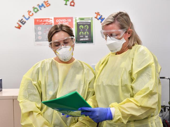 Senior triage registered nurses Nina Di Santo and Danielle Lemire at the WCH’s new coronavirus test clinic. Picture: Keryn Stevens / AAP