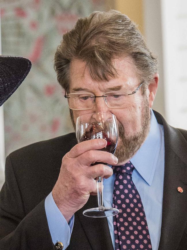 Senator Derryn Hinch drinking wine — non-alcoholic wine — at the Melbourne Cup. Picture: Jason Edwards