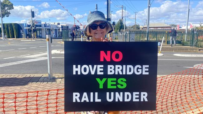 Residents protest new State Government development at Hove railway station which would see a large concrete bridge on Brighton Road., Picture: Dixie Sulda