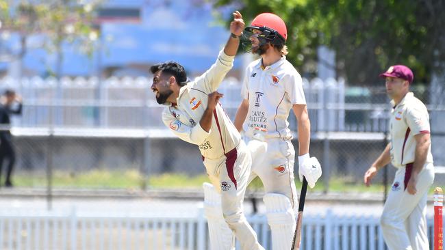 Toombul bowler Hassan Sardar First grade mens cricket between the Sunshine Coast and Toombul. Saturday October 21, 2023. Picture, John Gass