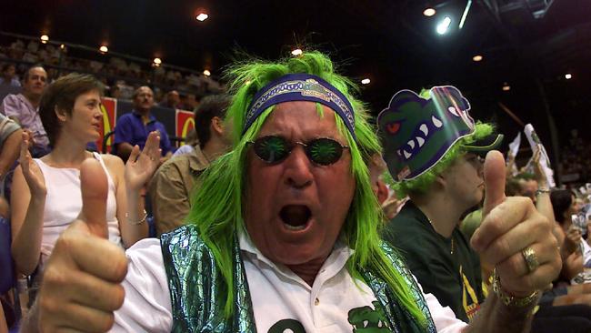 28 Apr 2001 Townsville Crocodiles vs Wollongong Hawks. Roger Maxwell is all dressed up at the Swamp. PicNathan/Richter sport basketball headshot fans supporters
