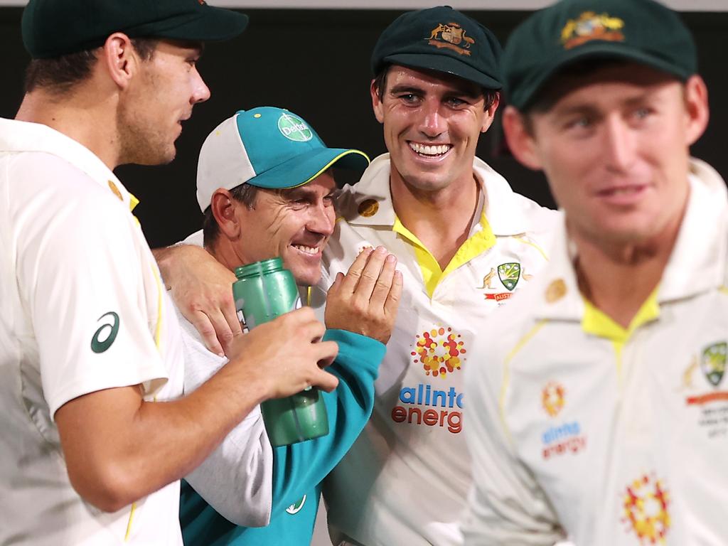 Justin Langer and Australian captain Pat Cummins celebrate after the fifth Ashes Test. Cummins repeatedly declined to back the coach despite the team’s recent successes. Picture: Mark Kolbe – CA/Cricket Australia via Getty Images