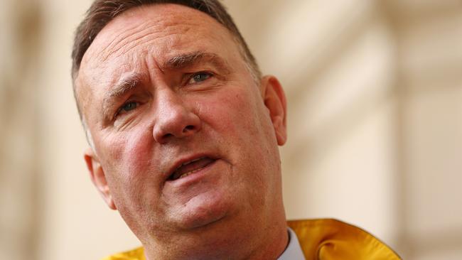 Peter Marshall, UFU Victoria secretary speaks outside a Senate Inquiry at Parliament House, Melbourne. Picture: Mark Stewart