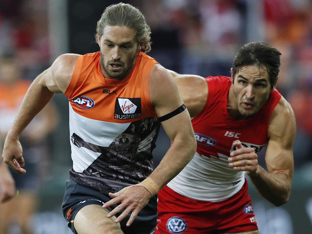 Giants Callan Ward races Sydney's Josh Kennedy to the ball during AFL match GWS Giants v Sydney Swans at Spotless Stadium. Picture. Phil Hillyard