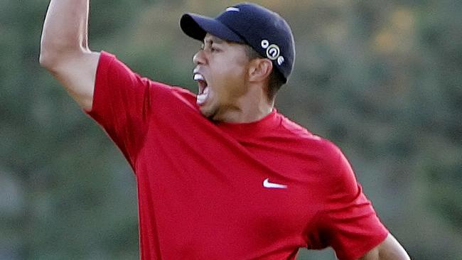 Tiger Woods reacts to winning the 2005 Masters.