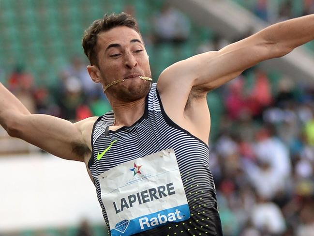 Australia's Fabrice Lapierre competes in the Men's Long Jump event at the Morocco Diamond League athletics competition in Rabat on May 22, 2016. / AFP PHOTO / FADEL SENNA