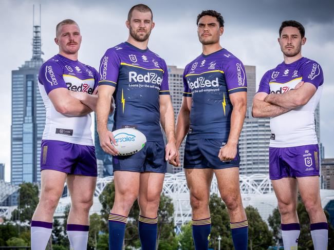 Melbourne Storm launch their 2024 campaign, which they've dubbed "Made for Melbourne" as the Storm adopt an "us v them" mentality for next season. Melbourne Storm players Josh King, Christian Welch, Xavier Coates, and Nick Meaney. Picture: Jake Nowakowski