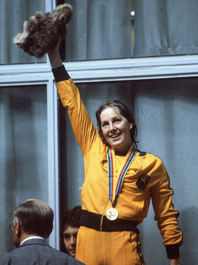 Michelle Ford of Australia celebrates winning gold in the women’s 800m freestyle at the 1980 Olympic Games in Moscow. Picture: Getty Images