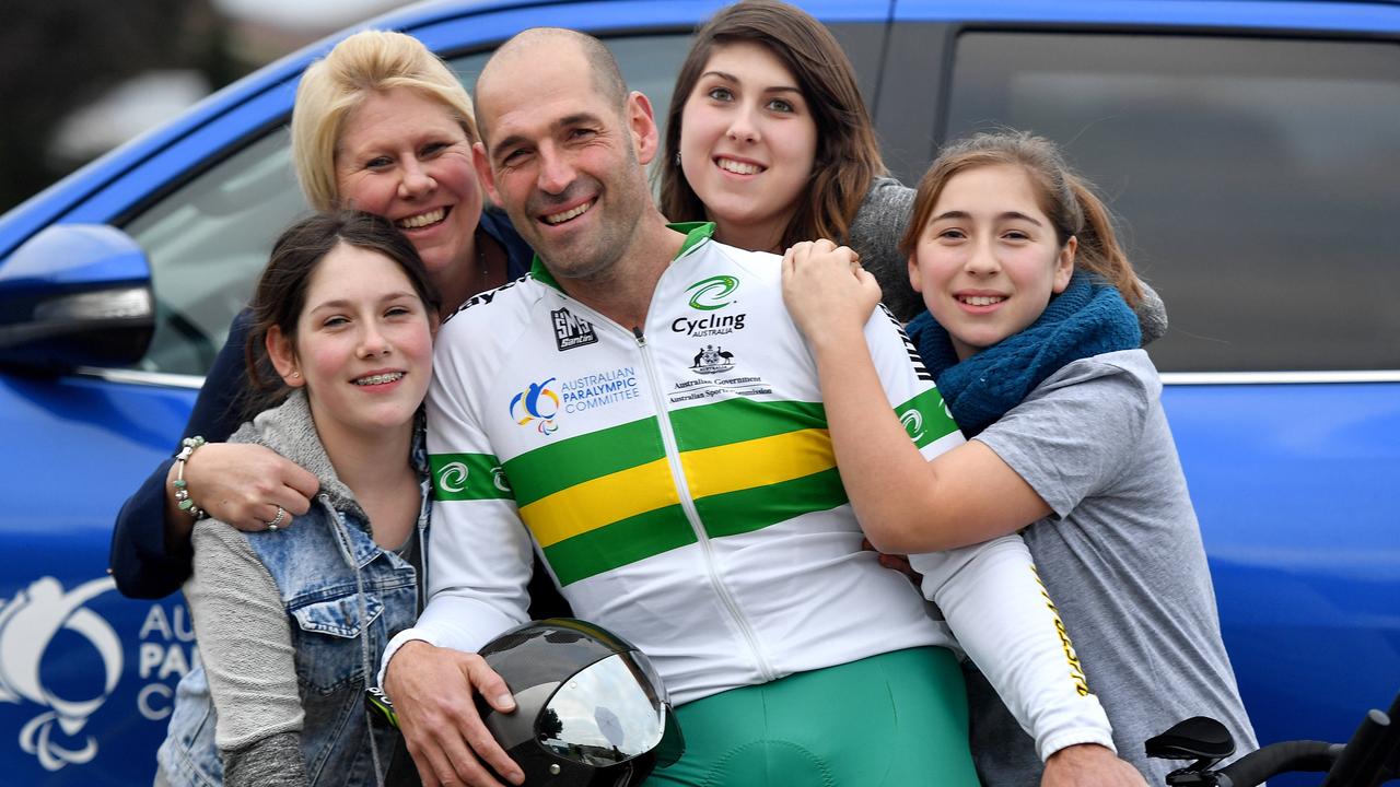 Kieran Modra with wife Kerry Modra and their girls Makala, Holly and Janae in 2016. Picture: Mark Brake