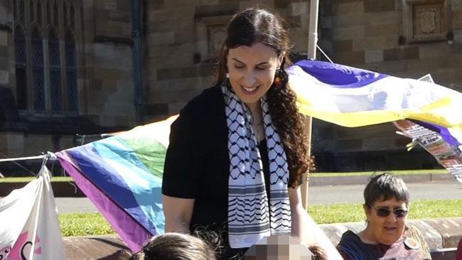 'Families for Palestine' and controversial Macquarie Uni academic Randa Abdel-Fatah (wearing the keffiyeh ) attended the USyd encampment and led children in chants of 'intifada'. Picture: Instagram