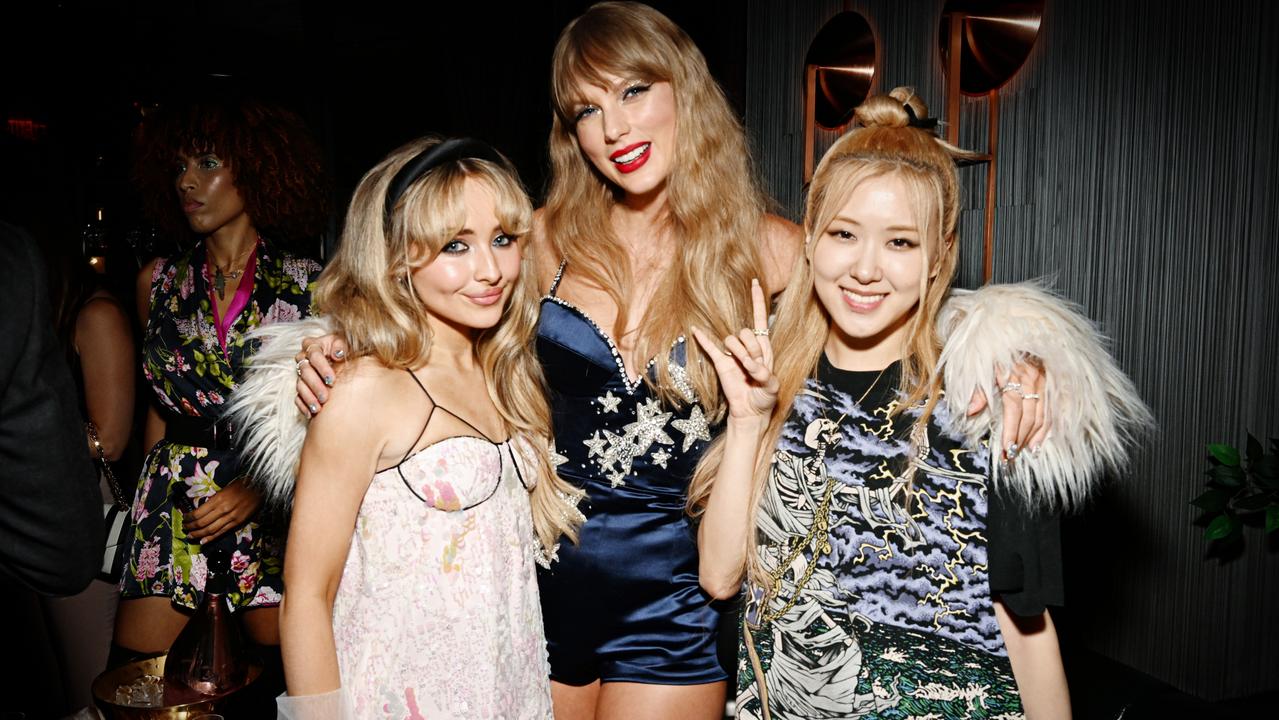 Sabrina Carpenter, Taylor Swift and Rosé pose for a photo inside the venue. Picture: Getty