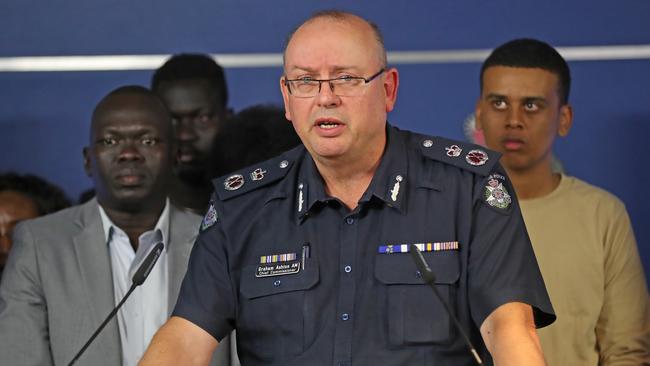 Victoria’s Chief Police Commissioner Graham Ashton appears with African community leaders regarding the African gang crime issue earlier this month. Picture: Alex Coppel