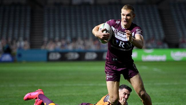 Tom Trbojevic was dominant in the second half, as manly scored three back-to-back tries. Picture: AAP.