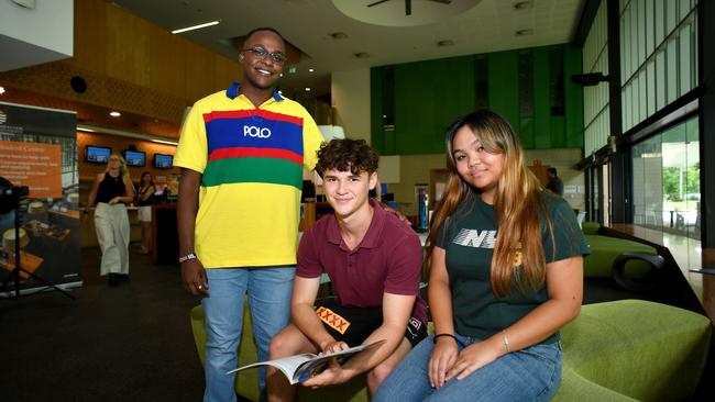 New James Cook University students Timothy Rono, Hunter Dawson and Ellianna Quilala are excited about their university futures. Picture: Evan Morgan