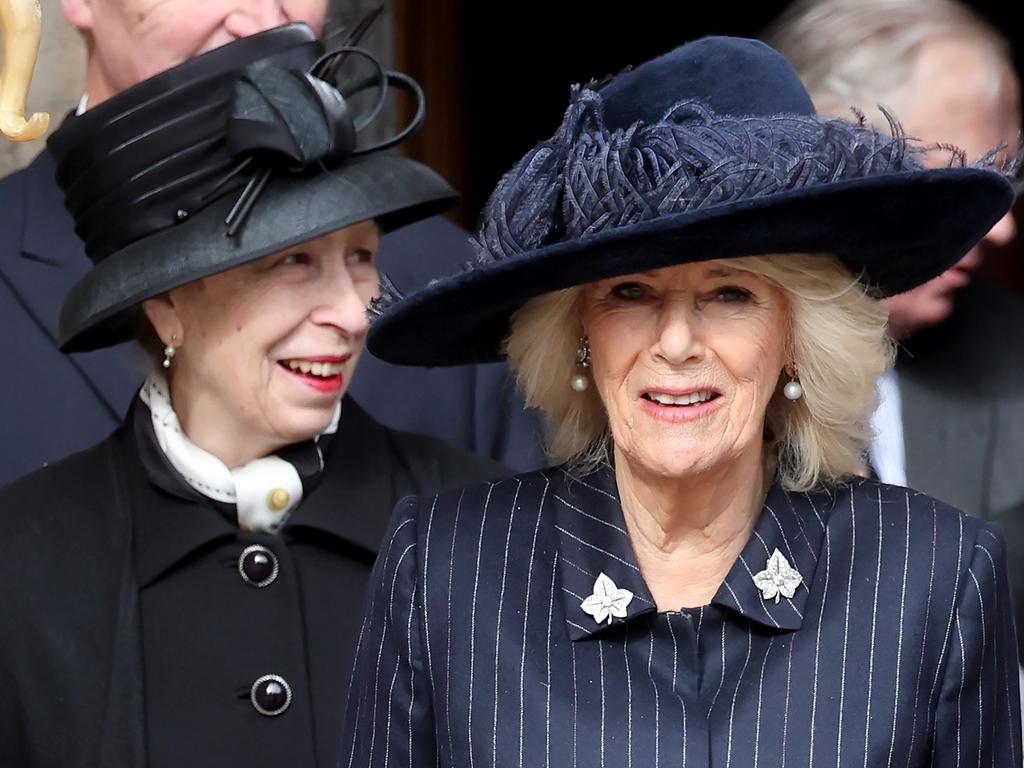 Queen Camilla and Princess Anne depart the thanksgiving service for King Constantine of the Hellenes at St George's Chapel. Picture: Getty Images