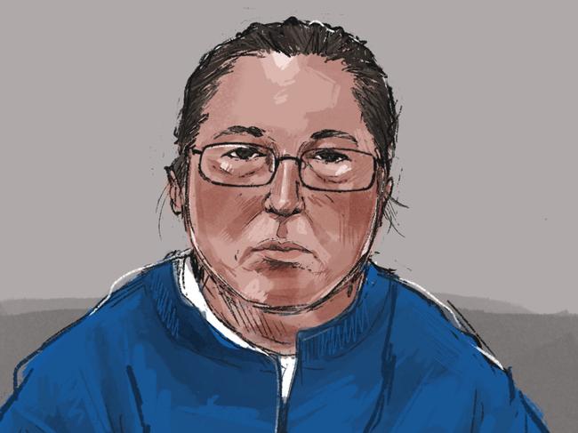 A court sketch of Erin Patterson appearing via video link from Dame Phyllis Frost Centre.