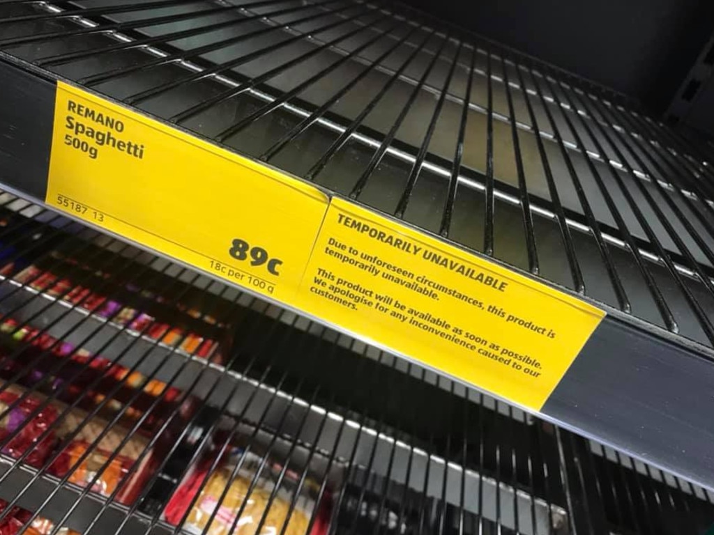 ‘That didn’t last long’ – the price quickly went back to 89c and was ‘unavailable’ likely due to the coronavirus stockpiling hysteria sweeping supermarkets. Picture: Facebook / Aldi Fans