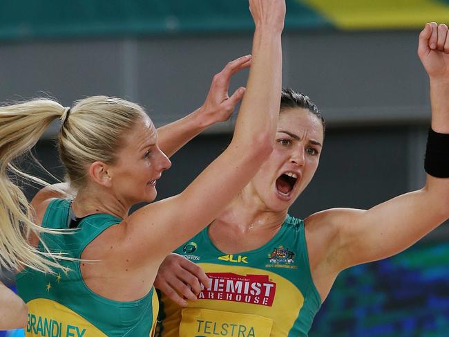 Netball Quad Series. Australia V New Zealand at Margaret Court Arena, 4th September , Melbourne Australia. Australia's April Brandoey and Sharni Layton. Picture : George Salpigtidis