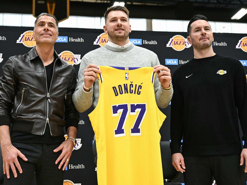 Luka Doncic has been unveiled as a Lakers player. Picture: Patrick T. Fallon/AFP