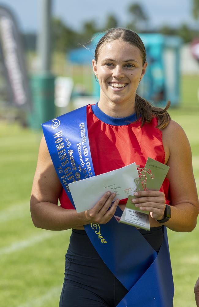 Hayley Reynolds wins the Sunny Queen Women's Gift 75 yards. The Arthur Postle Gift in Pittsworth. Saturday 18th January, 2025. Picture: Nev Madsen.