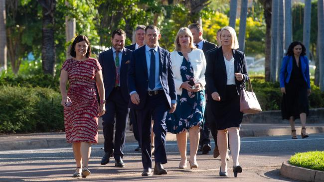 Michael Gunner, centre, and his new ministry make their way to Government House to be sworn in as the new cabinet. Picture: Che Chorley