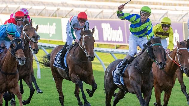 Bustler wins the 2023 Group 1 Railway Stakes at Ascot for jockey Steven Parnham and trainer Neville Parnham. Picture: Western Racepix