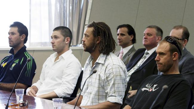 Ricky Ponting, Michael Clarke, Symonds and Matthew Hayden before the start of an appeal hearing against Indian cricketer Harbhajan Singh’s three-match ban. Pic: AP