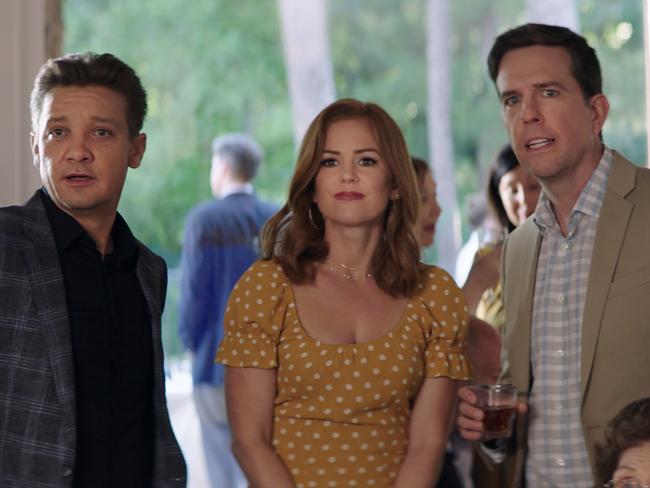 Jeremy Renner, Isla Fisher and Ed Helms in a scene from Tag.