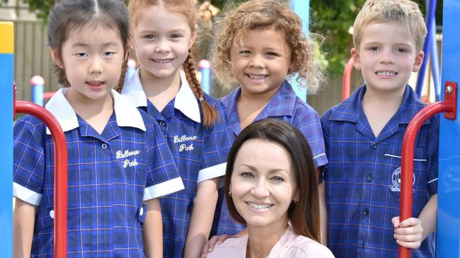 Bellevue Park State School students with principal Rachel Cutajar.