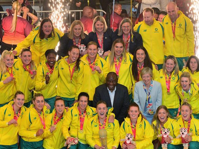 CAPE TOWN, SOUTH AFRICA - AUGUST 06: Australia celebrates winning during the Netball World Cup Medal Presentation at Cape Town International Convention Centre, Court 1 on August 06, 2023 in Cape Town, South Africa. (Photo by Grant Pitcher/Gallo Images/Netball World Cup 2023)