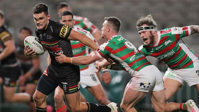 SYDNEY, AUSTRALIA - JUNE 25: Nathan Cleary of the Panthers scores a try during the round seven NRL match between the Penrith Panthers and the South Sydney Rabbitohs at Netstrata Jubilee Stadium on June 25, 2020 in Sydney, Australia. (Photo by Matt King/Getty Images)