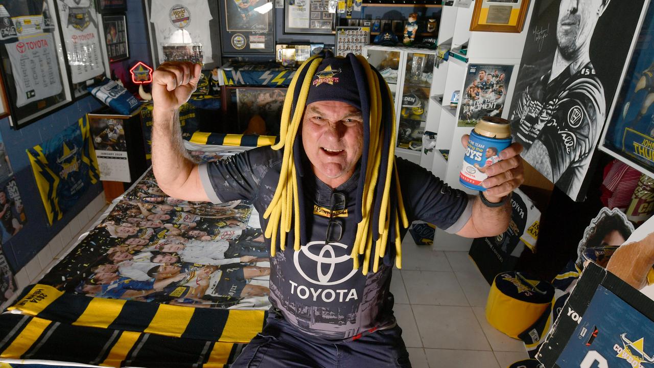 Cowboys superfan Darryl Serruier at his man cave at his Kirwan home. Picture: Evan Morgan