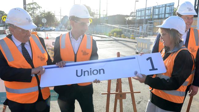 Transport Infrastructure Minister Jacinta Allan, third from left, announces the naming of Union Station at Surrey Hills on March 23, 2022. Picture: Andrew Henshaw