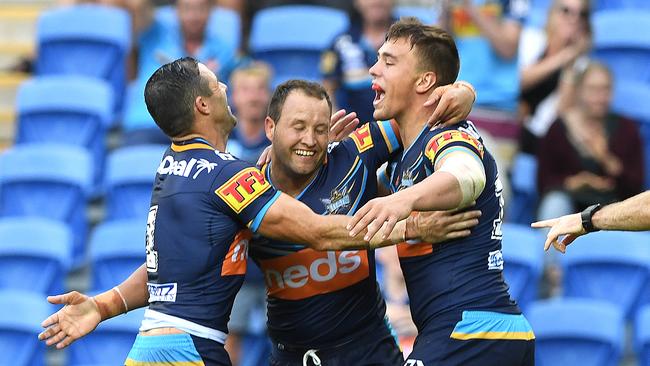 Tyrone Roberts celebrates his second try against the Knights in Round 6. Picture: AAP Image