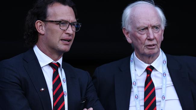 Essendon president Paul Brasher and chief executive Xavier Campbell are feeling the heat with the club in a dire situation this season. Picture: Michael Klein