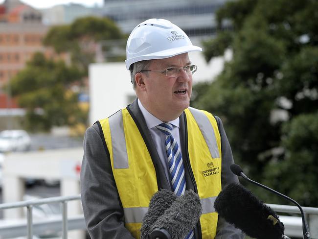 Mark Birrell, chair of Infrastructure Australia announces approval for the STEM centre to be built on Melville Street by the University of Tasmania Picture: LUKE BOWDEN